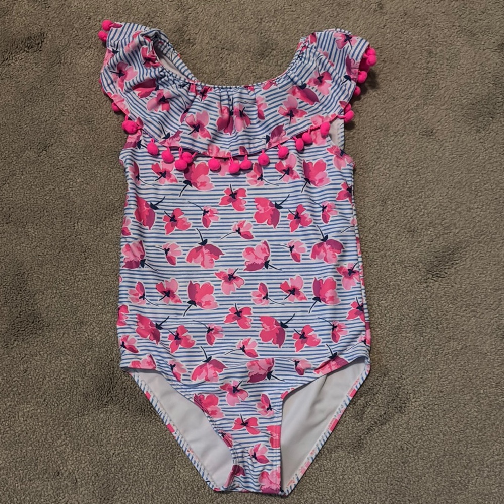 Nicole Miller Pink and Blue One Piece Swimsuit with Ruffled Neckline